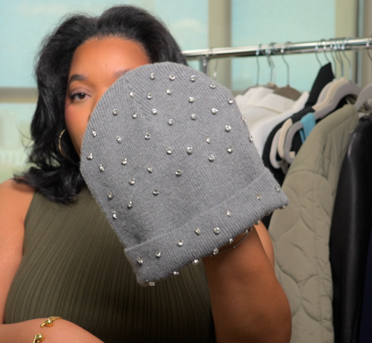 Express Rhinestone Embellished Gray Beanie